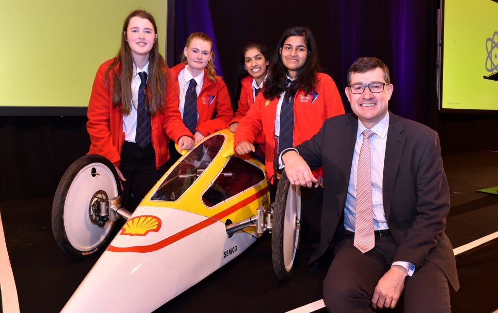 Shell - Woodbank House, North Deeside Road - Shell's annual Girls in Energy event. Winners - Hazlehead (from left) Kirsty Hyslop 16, Lillian Kelly 16, Nova Paulose 16 and Kessia Thomas 16 with Shell's Steve Phimister, Upstream Vice President for UK and Ireland.
Picture by COLIN RENNIE  December 1, 2017.