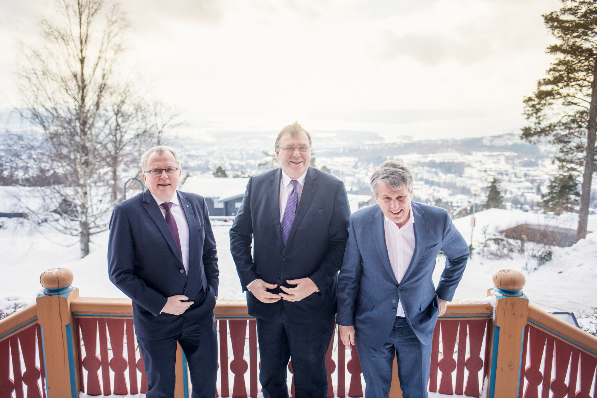 Eldar Saetre, chief executive officer of Statoil ASA, left, Patrick Pouyanne, chief executive officer of Total SA, center, and Ben van Beurden, chief executive officer of Royal Dutch Shell Plc, pose for a photograph following an interview on the sidelines of an energy conference in Oslo, Norway, on Thursday, Feb. 15, 2018. The bosses of three of the worlds biggest oil companies gathered on the sidelines of an energy conference to make the case for a flagship Norwegian project, in which the companies plan to store CO2 emissions under the North Sea after they've been shipped and piped from onshore industrial plants. Photographer: Kyrre Lien/Bloomberg