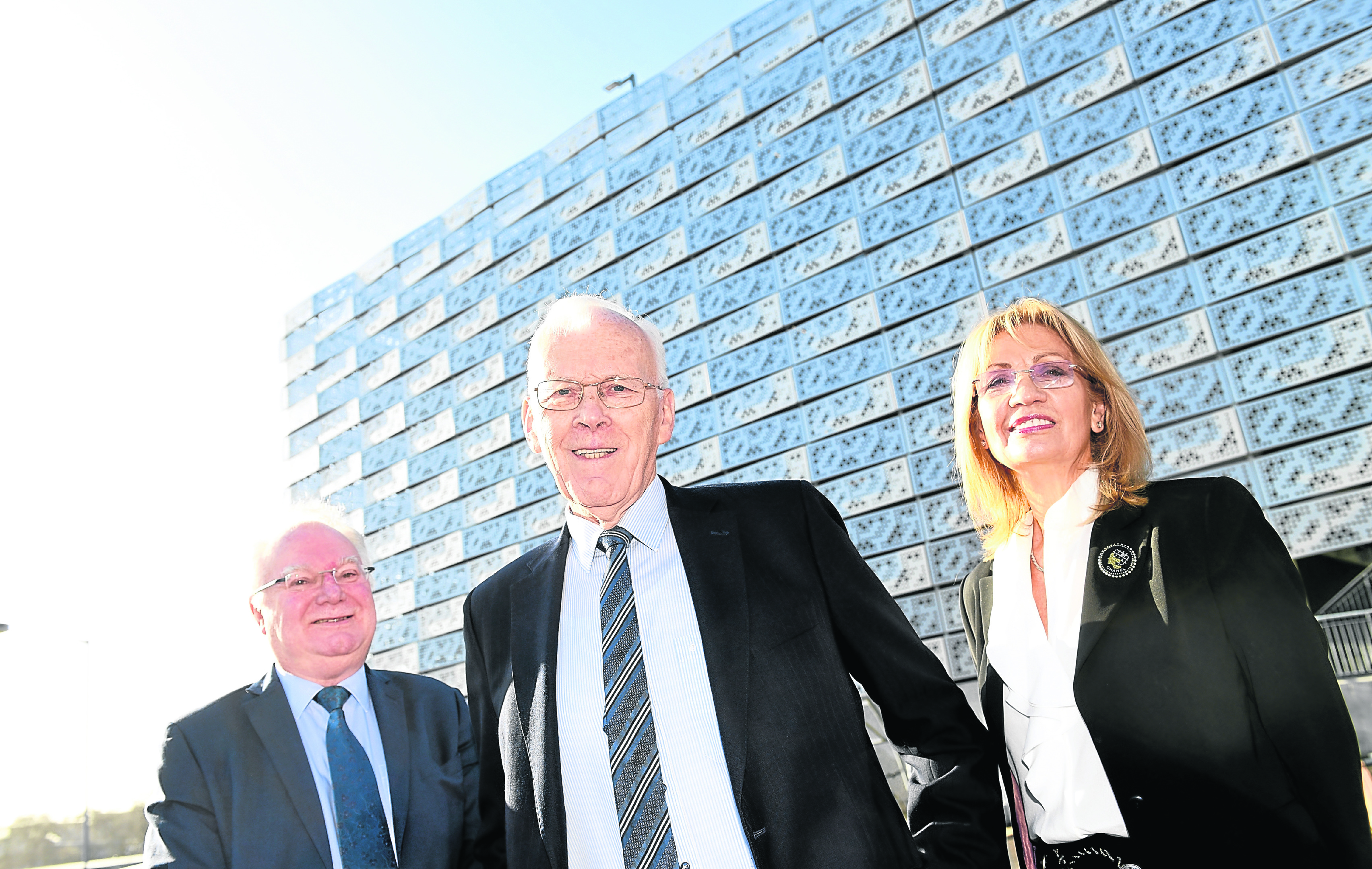 NHS Grampian Chairman, Prof Stephen Logan, Sir Ian and Lady Helen Wood at the mew multi storey car park at the Foresterhill Health Campus.    
Picture by Kami Thomson    21-02-18