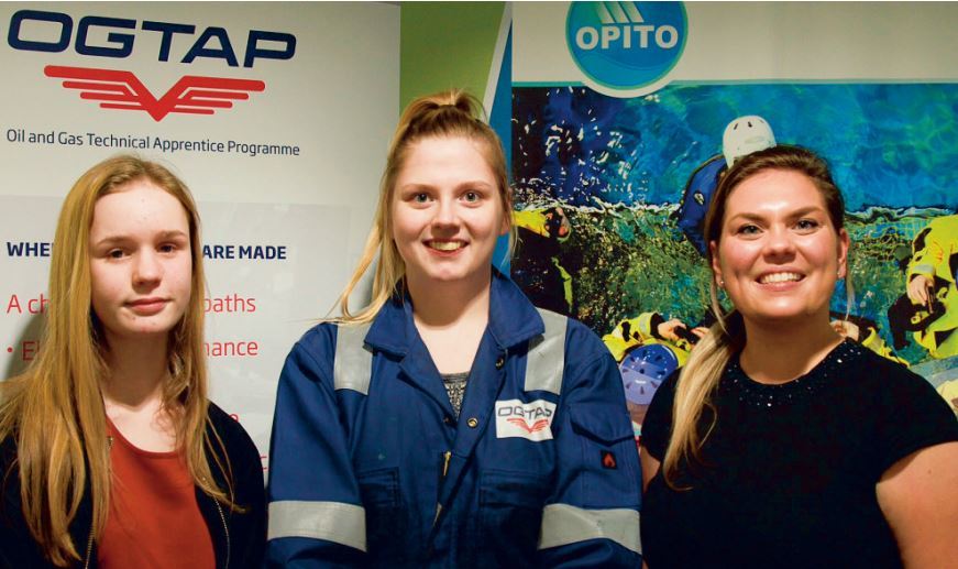 Jaimee Bain, 15, from Fraserburgh Academy, second year OGTAP process technician Rhiannan Flaws, and Jessie Gordon from OPITO