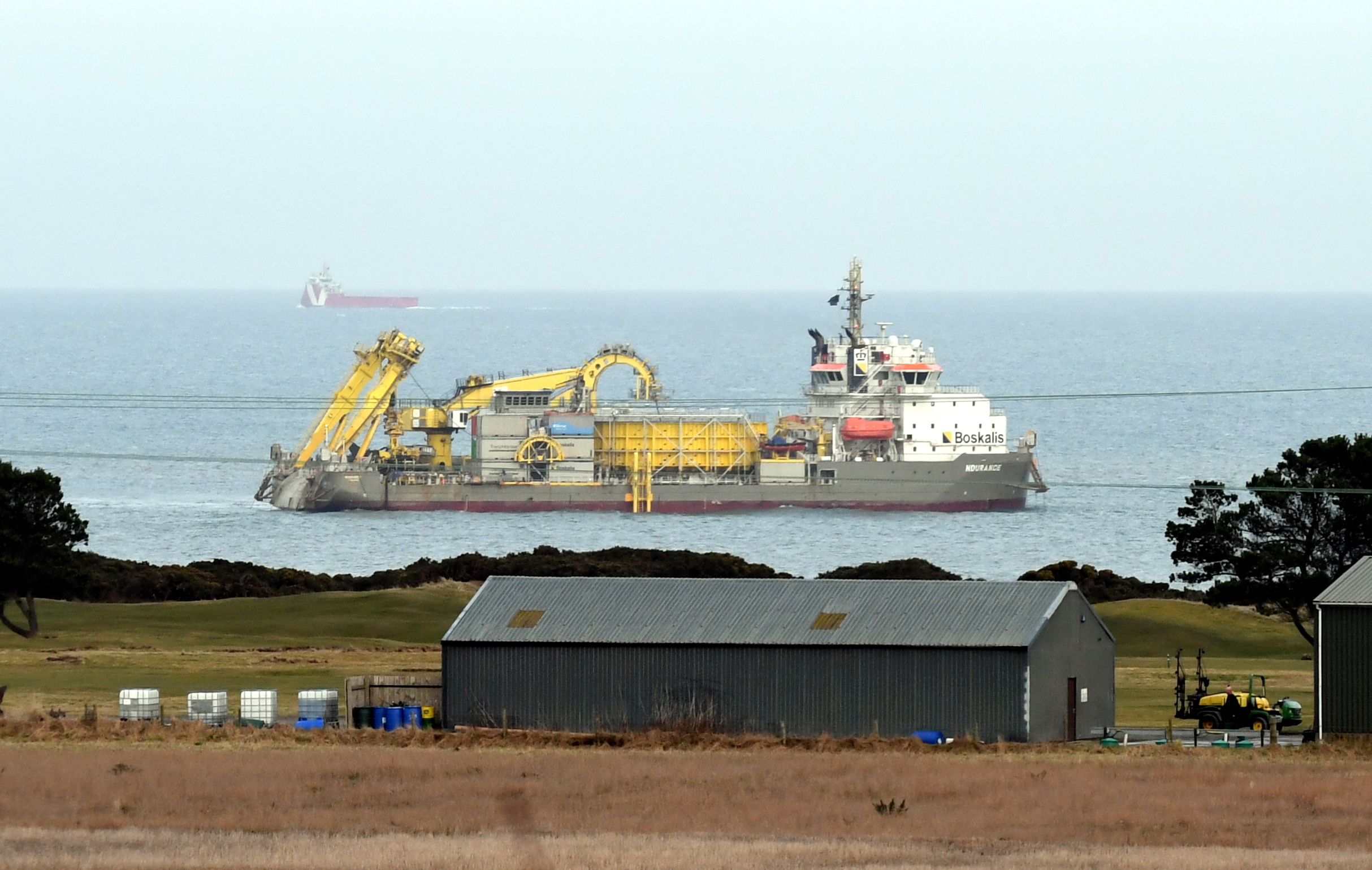 The cable layer vessel Ndurance working just off the coast at Blackdog Aberdeen for Vattenfall. February 2018.