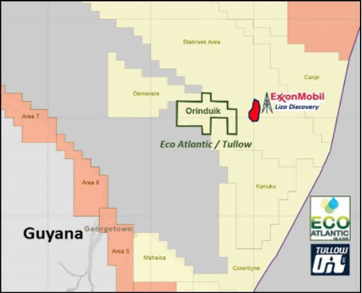 A map showing the proximity of Orinduik to the Liza discovery.