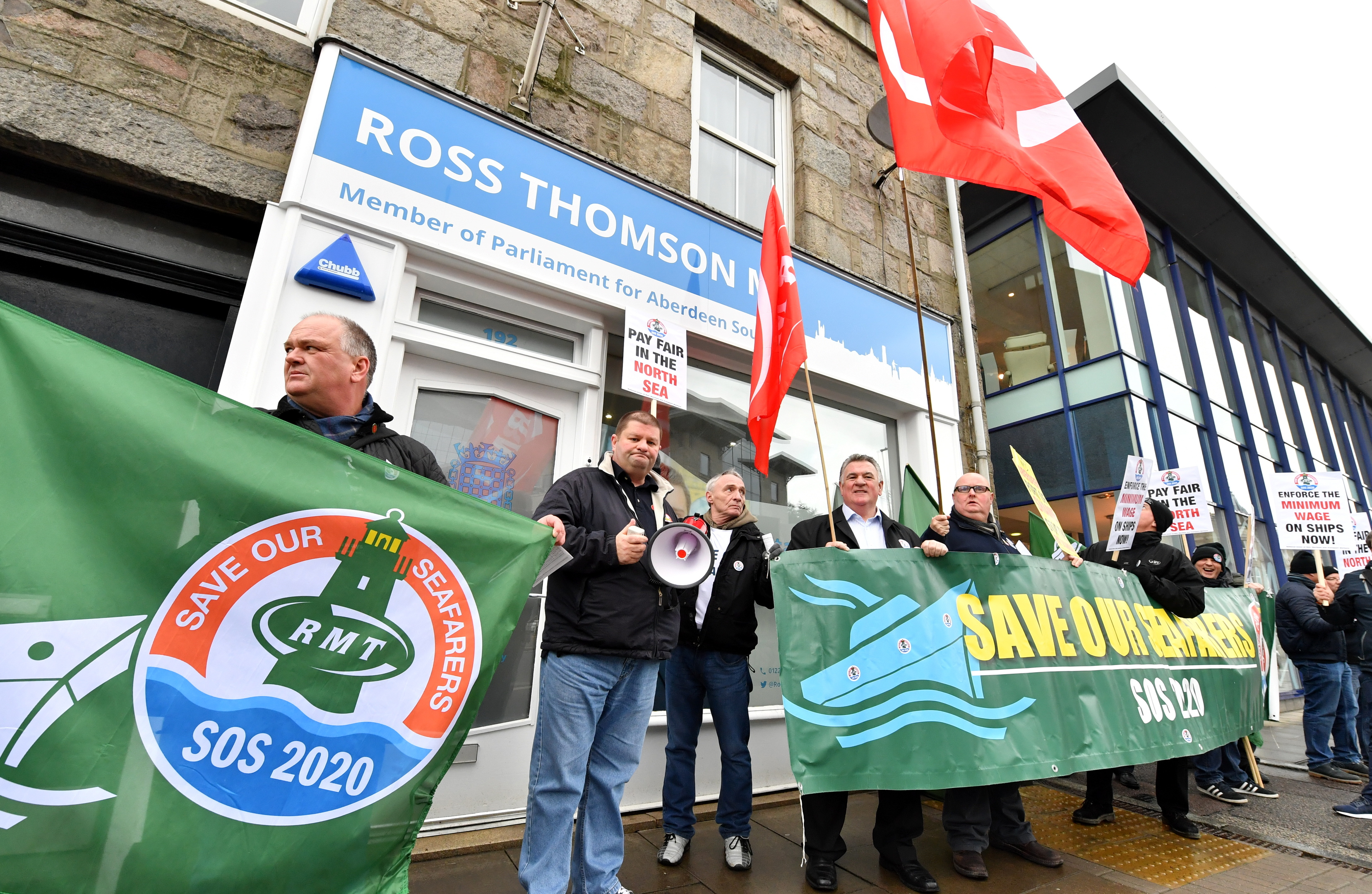 RMT Union for seafarers and offshore workers protest outside the constituency office of Conservative MP Ross Thomson, Holburn Street, Aberdeen, EARLI