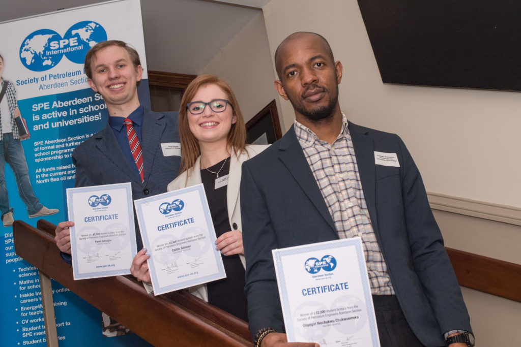 Aberdeen,  Scotland, Wednesday 28th March 2018

SPE Aberdeen Bursaries Presentation at Douglas Hotel, Aberdeen.

Pictured is: Pavel Solovjov, Caitlin Gilmore, Onyegiri Ikechukwu, recipients of the top bursaries

Picture by Michal Wachucik / Abermedia