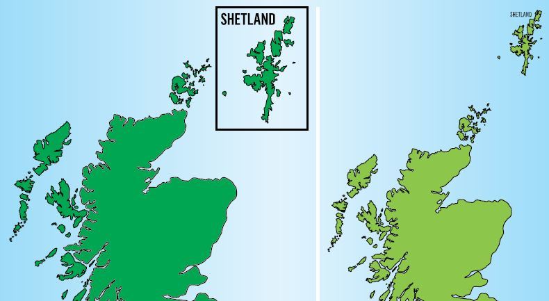 The conventional map to date with Shetland boxed off, an official practice that has long agitated many islanders