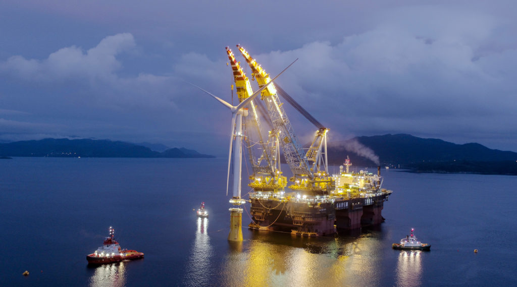 The Saipem 7000 lifting the Hywind turbine towers into their floating foundations