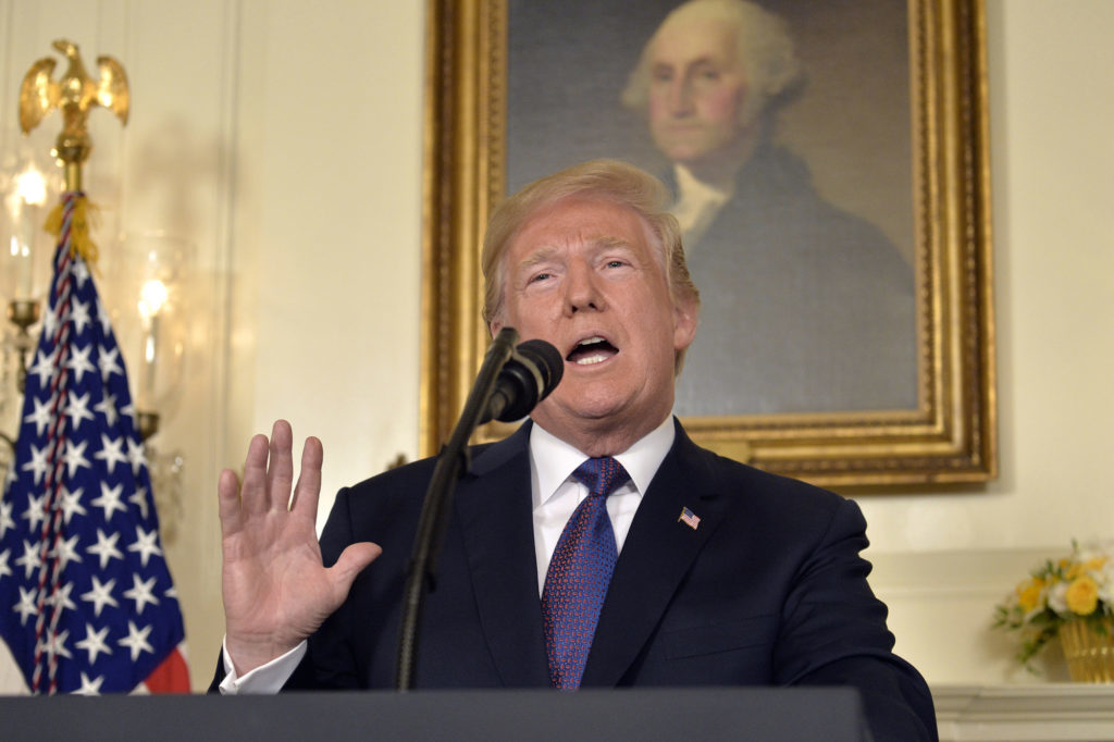U.S. President Donald Trump speaks during a televised statement at the White House in Washington, D.C..Photographer: Mike Theiler/UPI