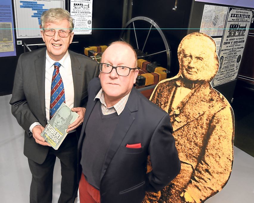 Stuart Scorgie, centre, the great-great-grandson of inventor Robert Davidson, with Dr Anthony Anderson, who has written a book about Robert Davidson