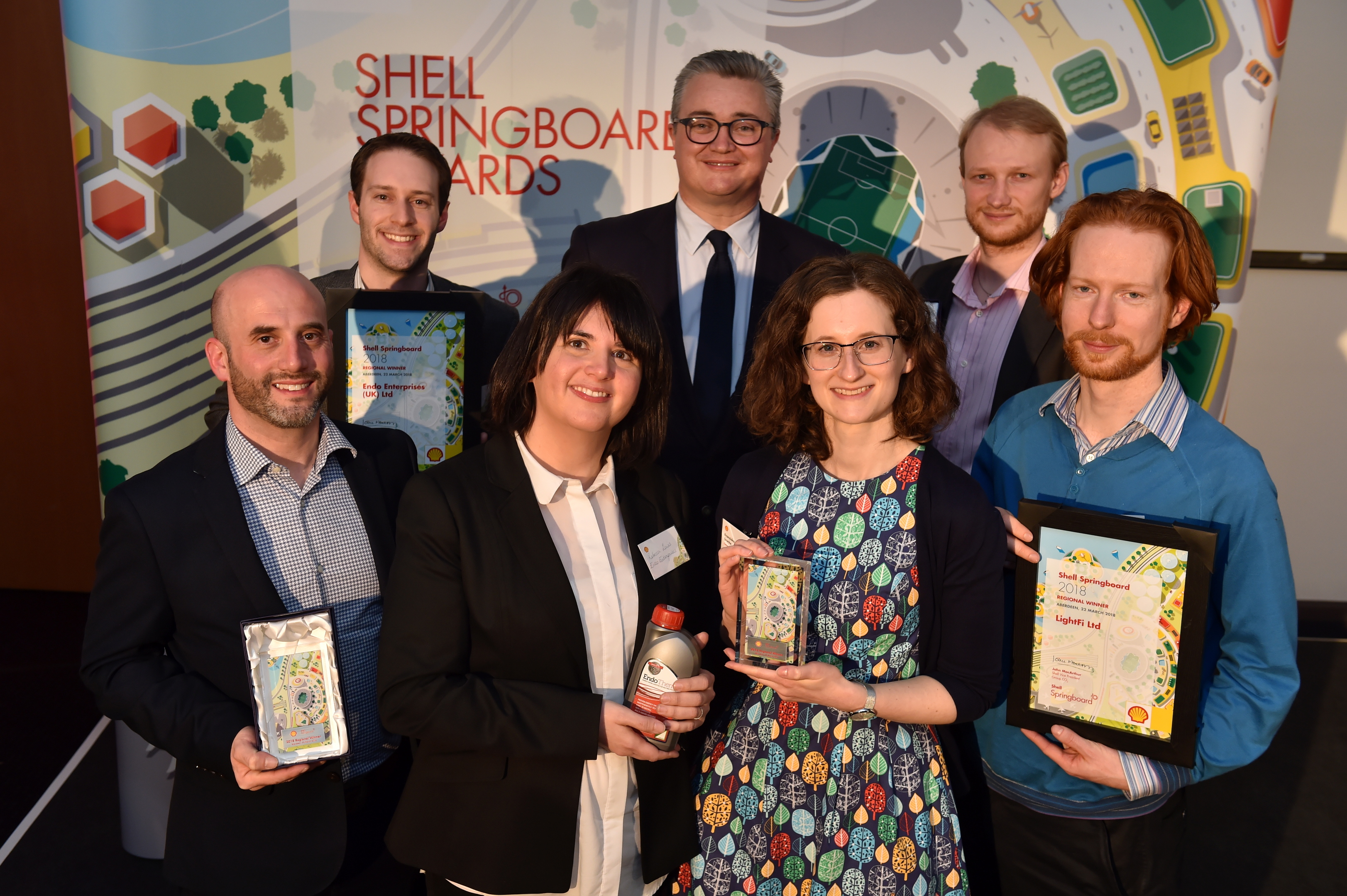 Shell Springboard Awards and Networking 2018 at Aberdeen Exhibition and Conference Centre (AECC).
Picture of winners (L-R) Benjamin Sallon, Adrian polak, Rebecca Lewis, John MacArthur, Franziska Srocke, Alex Bak and Matt Taylor.
