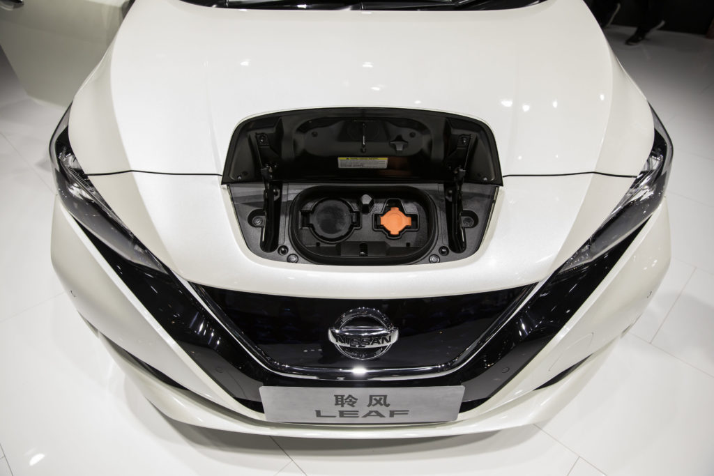 A Nissan Motor Co. Leaf electric vehicle stands on display at the Beijing International Automotive Exhibition in Beijing. Photographer: Qilai Shen/Bloomberg