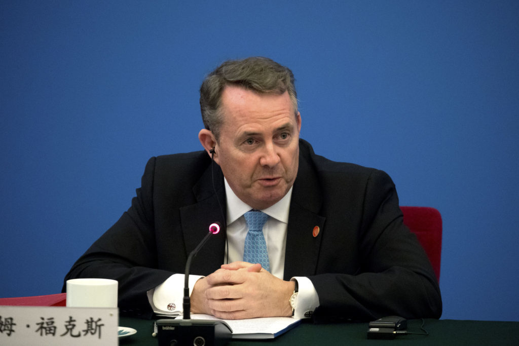British Secretary of State for International Trade Liam Fox speaks during the inaugural meeting of the UK-China CEO Council at the Great Hall of the People in Beijing, Wednesday, Jan. 31, 2018. (AP Photo/Mark Schiefelbein, Pool)