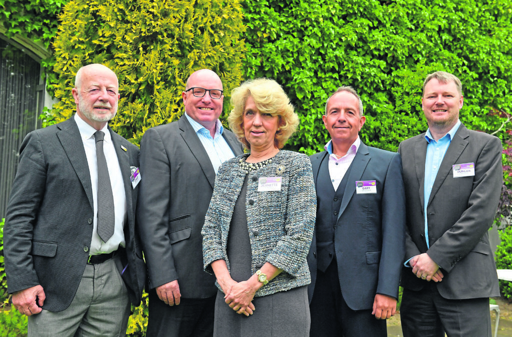 Press and Journal Morning Briefing (business breakfast) at the Marcliffe Hotel ; 
Pictured - Panellists, L-R, David Ramsay, Bob Keiller, Jeanette Forbes, Prof Gary McEwan and Duncan Fraser.          
Picture by Kami Thomson    11-06-18