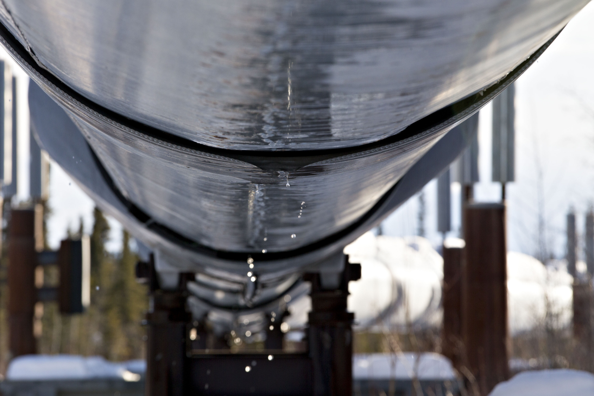 Melting snow drips from the bottom of the Trans Alaska Pipeline System (TAPS) in Glennallen, Alaska, U.S., on Tuesday, Feb. 14, 2017. Four decades after the Trans Alaska Pipeline System went live, transforming the North Slope into a modern-day Klondike, many Alaskans fear the best days have passed. Photographer: Daniel Acker/Bloomberg