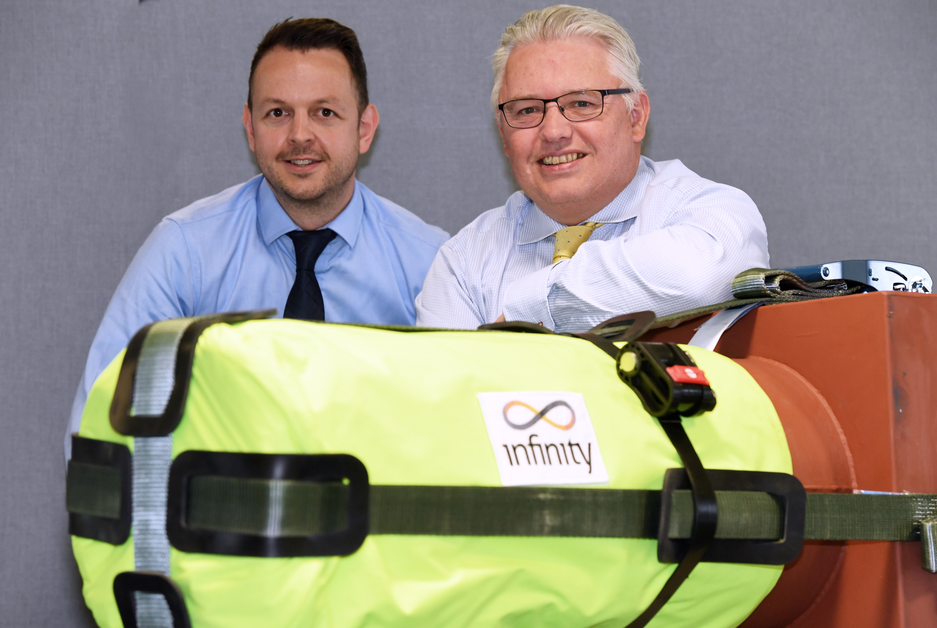 Energy Voice - EV ; 
L-R Mark Banks, Business Development Director and Project Manager and Andy McGill, MD, at Infinity with the company's Actuator Safety Gauntlet.