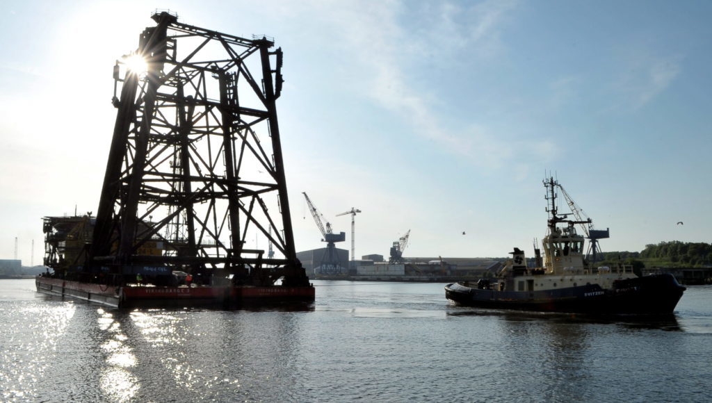 Infrastructure from the Indefatigable field in the southern North Sea arrives in port for decommissioning.