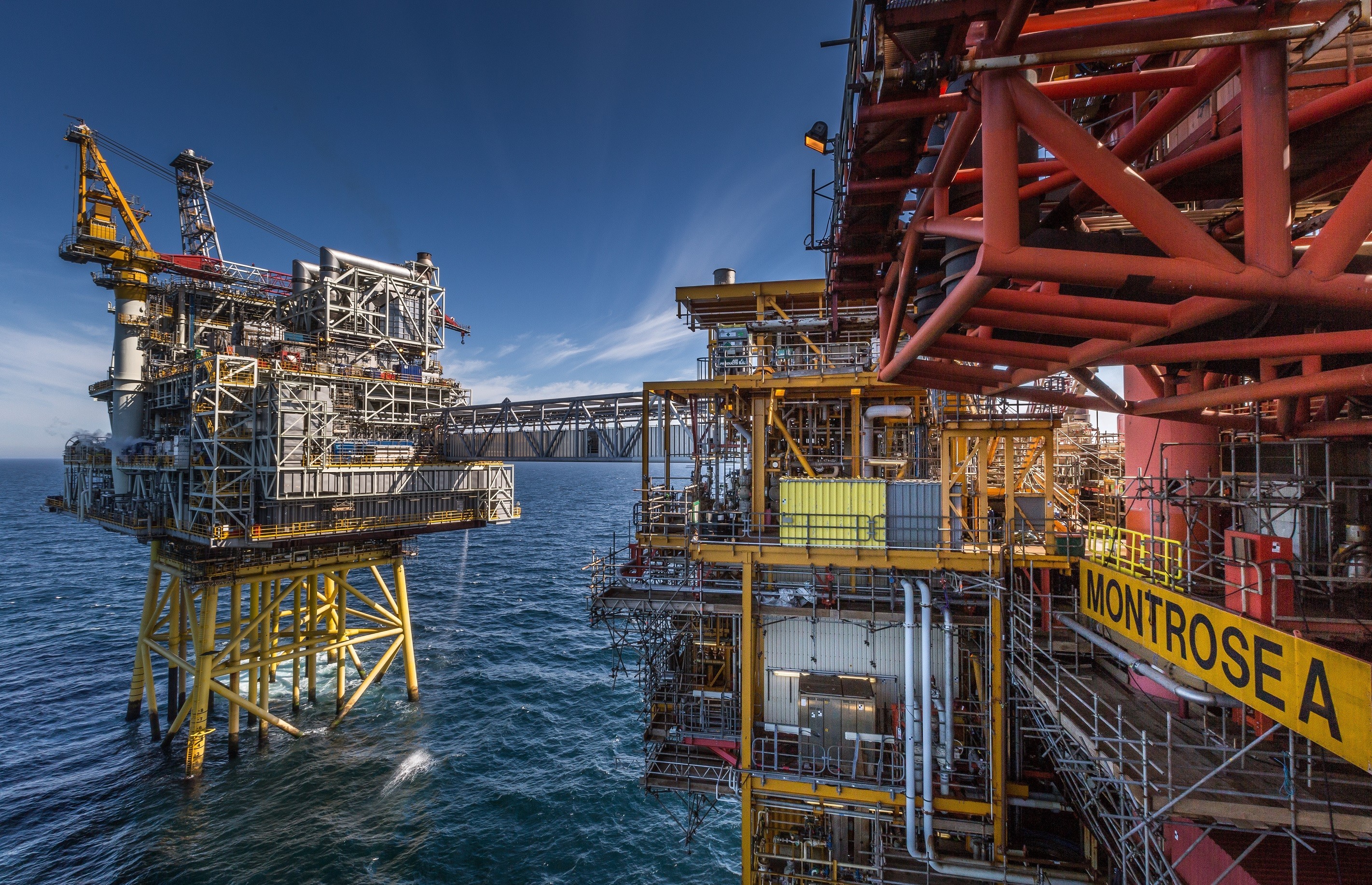 The Repsol Sinopec Resourses UK Montrose Alpha platform with the Montrose BLP located in the North Sea.