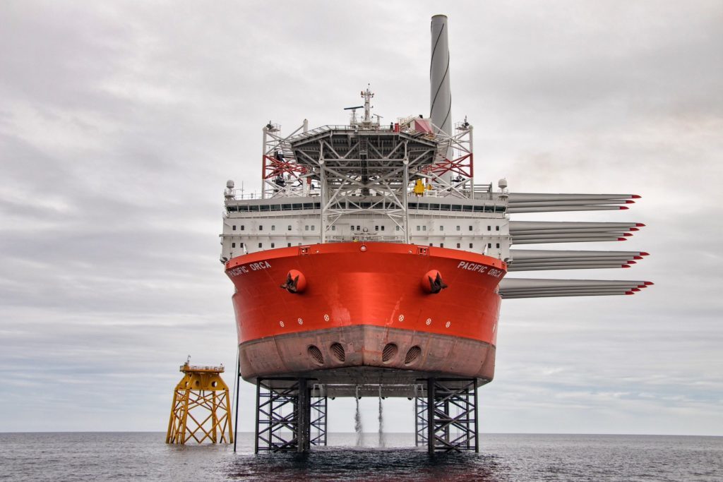 The Pacific Orca vessel next to the turbine jacket at the Beatrice wind farm.