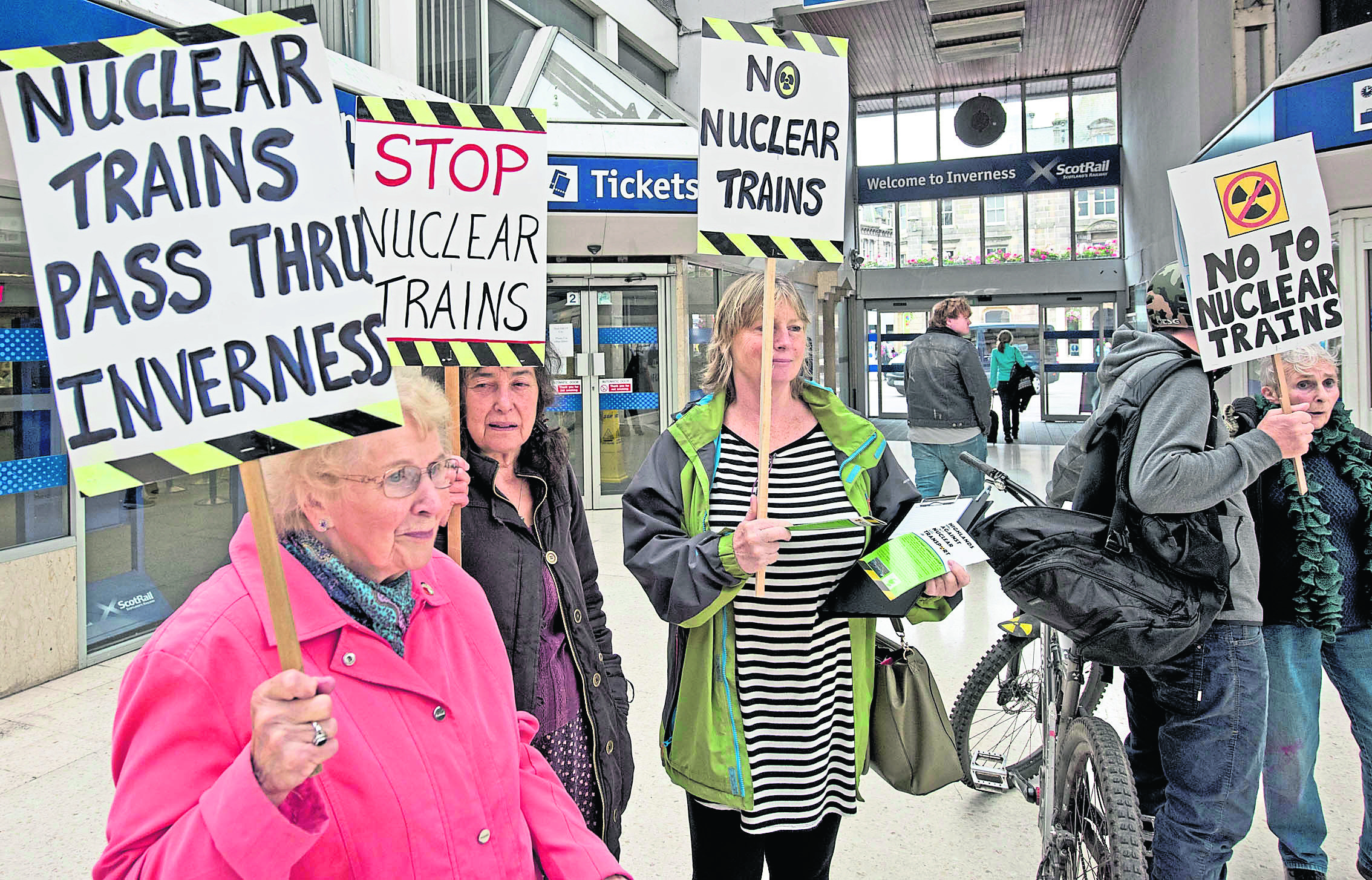 Anti-nuclear protestors showcase public demonstration at the city's train station.
