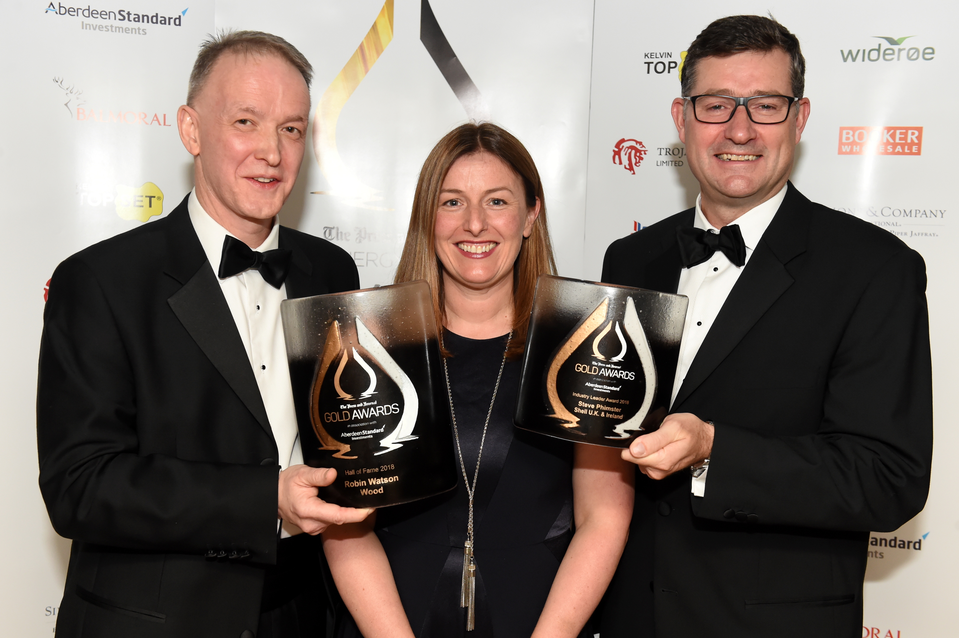 Press & Journal's Gold Awards 2018, at the Marcliffe Hotel.

Picture of (L-R) Hall of Fame winner and Wood CEO Robin Watson, Nicola Fraser from sponsor Aberdeen Standard Investments and Industry leader award winner Steve Phimister of Shell. 

Picture by KENNY ELRICK     07/09/2018