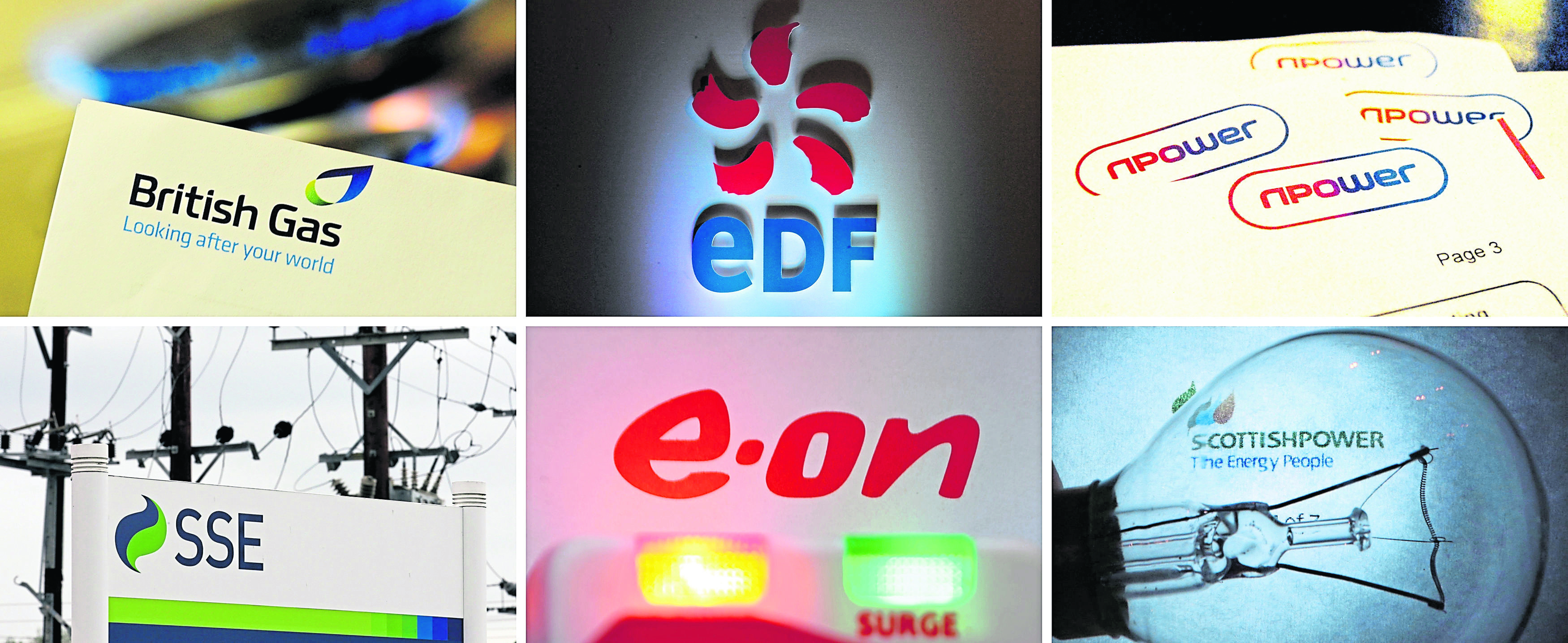 logos for the 'Big Six'; energy companies (top row from left) British Gas, EDF, RWE npower, (bottom row from left) SSE, E.ON and ScottishPower.