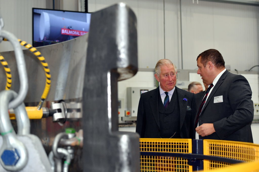 HRH Prince Charles, The Duke of Rothesay, visited Balmoral Offshore Engineering, Aberdeen to officially open the new Balmoral Subsea Test Centre. 
Pictured - Prince Charles is shown around the new test centre by Derek Weir.
Picture by Kami Thomson.