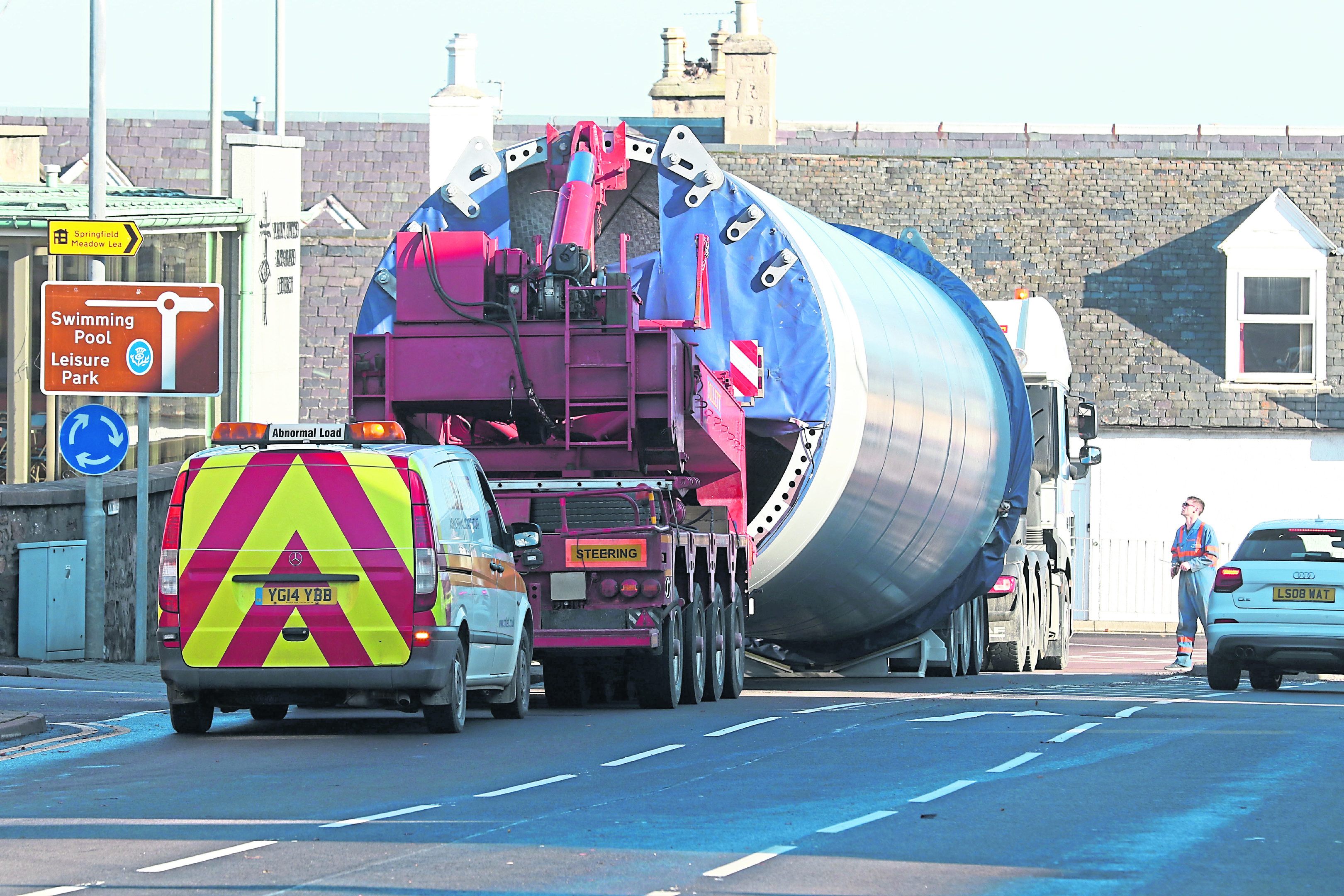 10 October 2018: A wind turbine transporter broke down on the A96 at the roundabout in Nairn, causing some traffic disruption. Note that the tractor unit shown in the photos is NOT the one that broke down. This is the replacement one. Picture: Andrew Smith