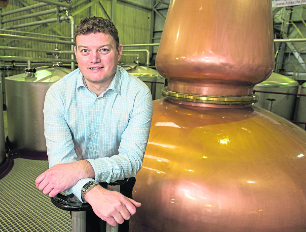Richard Forsyth (Director) of Forsyths is pictured with the skid-mounted movable distillery in Marine Place, Buckie, Moray.