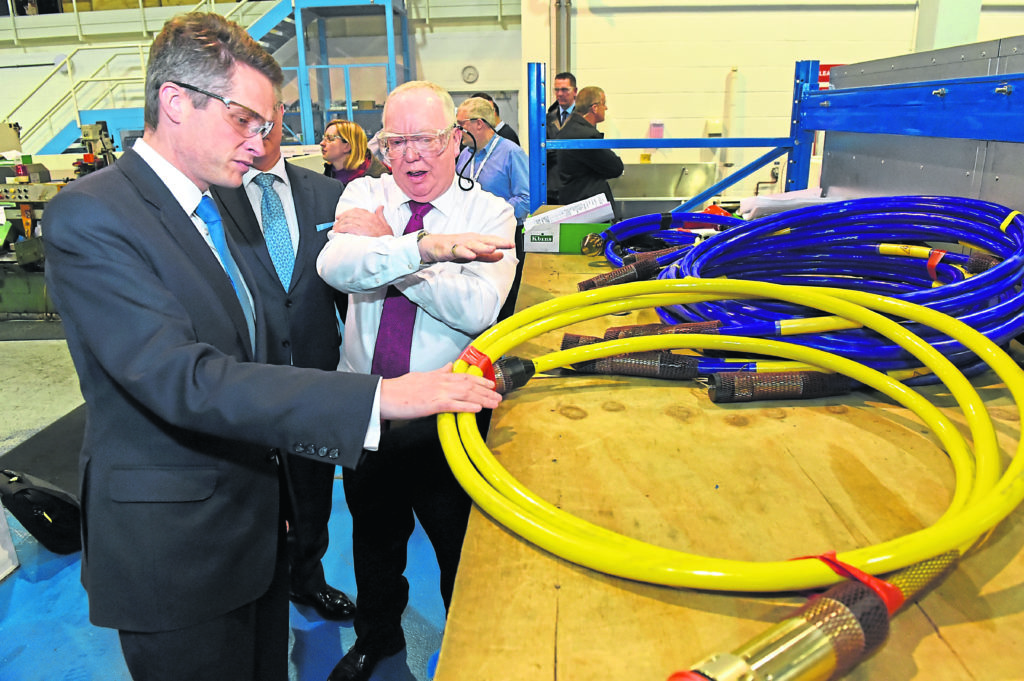 The Defence Secretary Gavin Williamson and local Gordon MP Colin Clark visited Defence supplier Hydro Group in Bridge of Don
Picture of (L-R) Gavin Williamson, and Doug Whyte (Hydro Groups Managing Director).