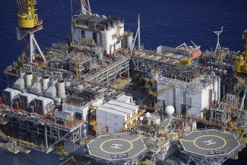 Helipads are seen aboard the Chevron Corp. Jack/St. Malo deepwater oil platform in the Gulf of Mexico off the coast of Louisiana, U.S., on Friday, May 18, 2018. While U.S. shale production has been dominating markets, a quiet revolution has been taking place offshore. The combination of new technology and smarter design will end much of the overspending that's made large troves of subsea oil barely profitable to produce, industry executives say. Photographer: Luke Sharrett/Bloomberg