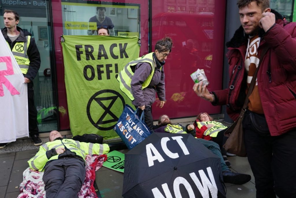 Fracking protestors outside the UK Department for Business, Energy and Industrial Strategy.