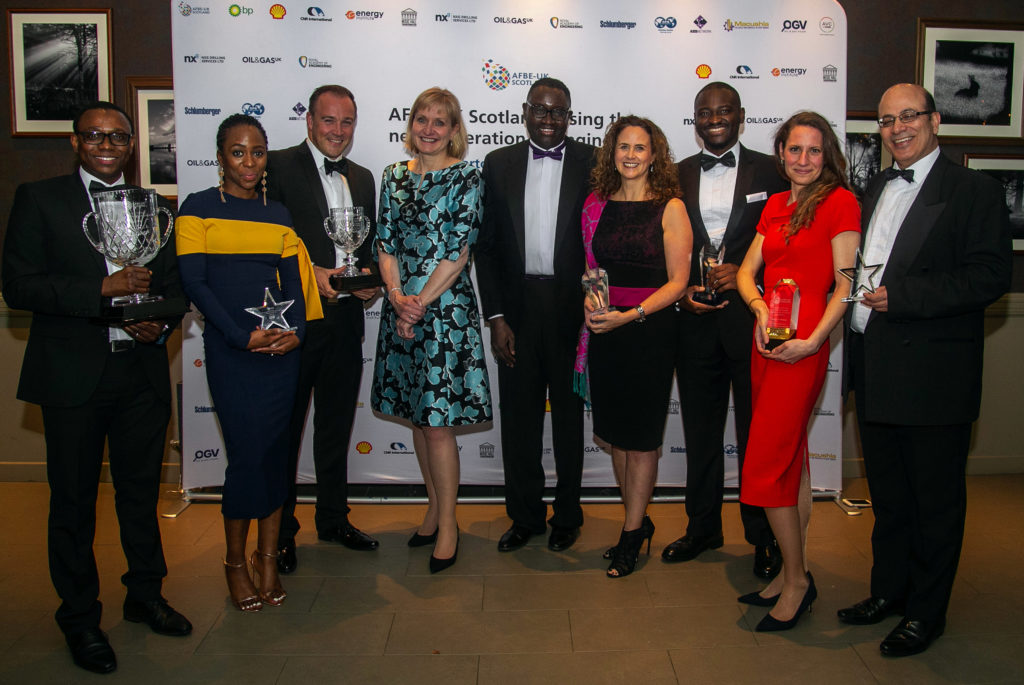 From left: Adam Ayinla (Shell)
Mopelola Oyetunji (CAN Offshore)
Findlay Anderson (BHGE)
Deirdre Michie, CEO Oil and Gas UK 
Dr Ollie Folayan, AFBE-UK Scotland 
Claire Hayward BP
Samuel Elegbede WSP
Sarah Weihmann 
Azzam Younes ABB