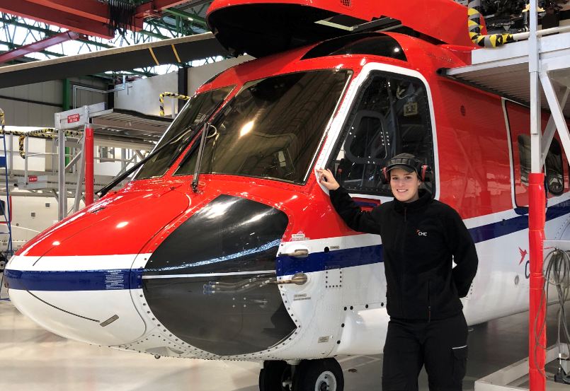 CHC Helicopter engineer Ellie Whittle services an aircraft at the company’s Aberdeen operations base.