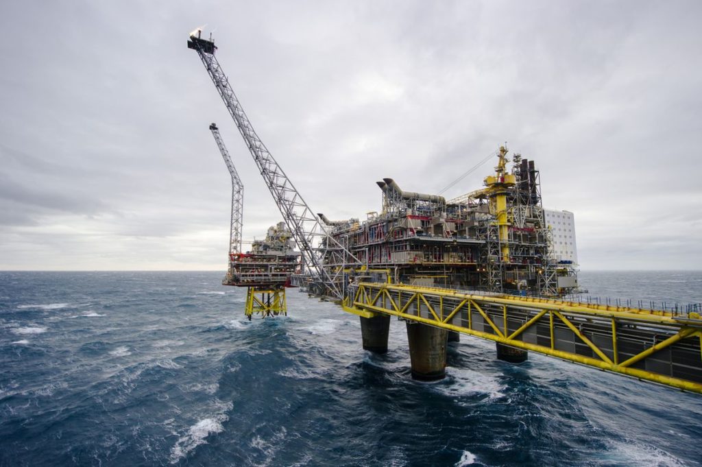 An offshore platform in the Oseberg North Sea oil field 140kms from Bergen, Norway. Photographer: Kristian Helgesen