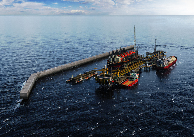 Rendering of an offshore installation and breakwater