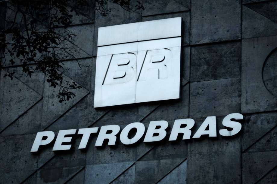 The logo of Brazilian oil company Petrobras over the entrance to its headquarters in Rio de Janeiro, Brazil.