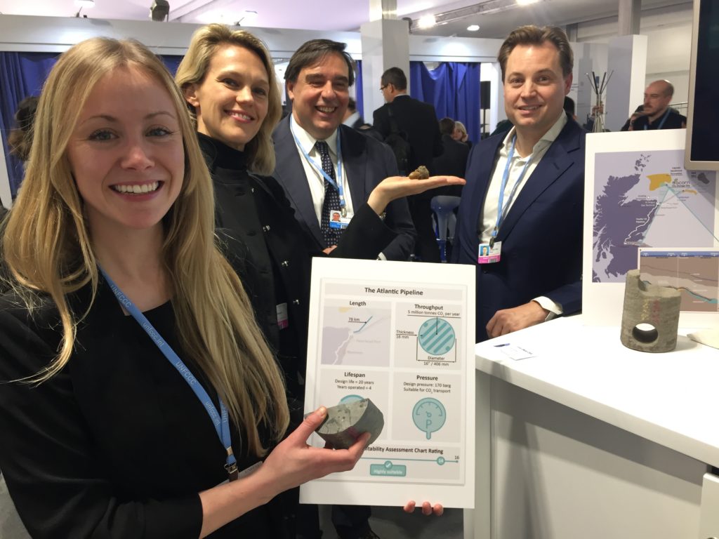 Hazel Robertson (left) of Pale Blue Dot discussing the Acorn CCS project with Kim Petzel of Carbon Clean Solutions (CCS) Riccardo Puliti from World Bank and Jan Petzel, CCS at COP24