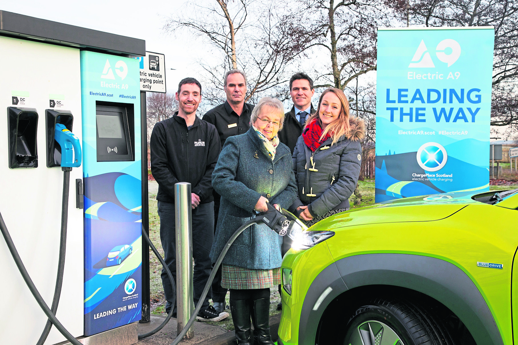 L-R Chris Ramsey, Trevor Wilson, Councillor Trish Robertson, Stephen Rennie, Ellie Grebenick

A9 Electric vehicle charger