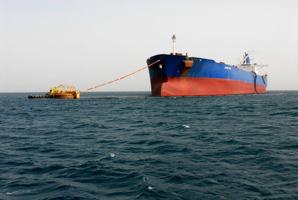 The Gemini Star oil tanker, owned by Vela International Marine, a subsidiary of Saudi Aramco, offloads into a single buoy mooring at the start of the Sumed pipeline in the Gulf of Suez, near the port of Ain Sukhna, Egypt. Photographer: Dana Smillie/Bloomberg