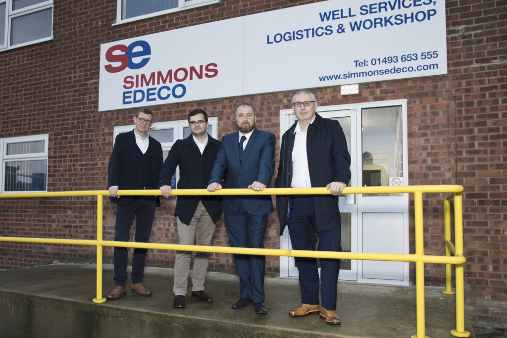 (from left to right) Stuart Ferguson, CEO (FrontRow Energy Technology Group), Craig Morrice, Finance Director (Well-Centric), Brian Kelly, General Manager (Simmons Edeco) and Gary Smart, CEO (Well-Centric)