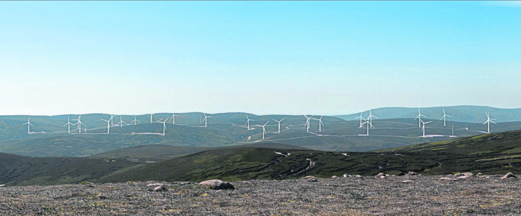 A view showing the proposed wind turbines on the Glendye estate, looking from Clachnaben. 
Picture from planning documents.