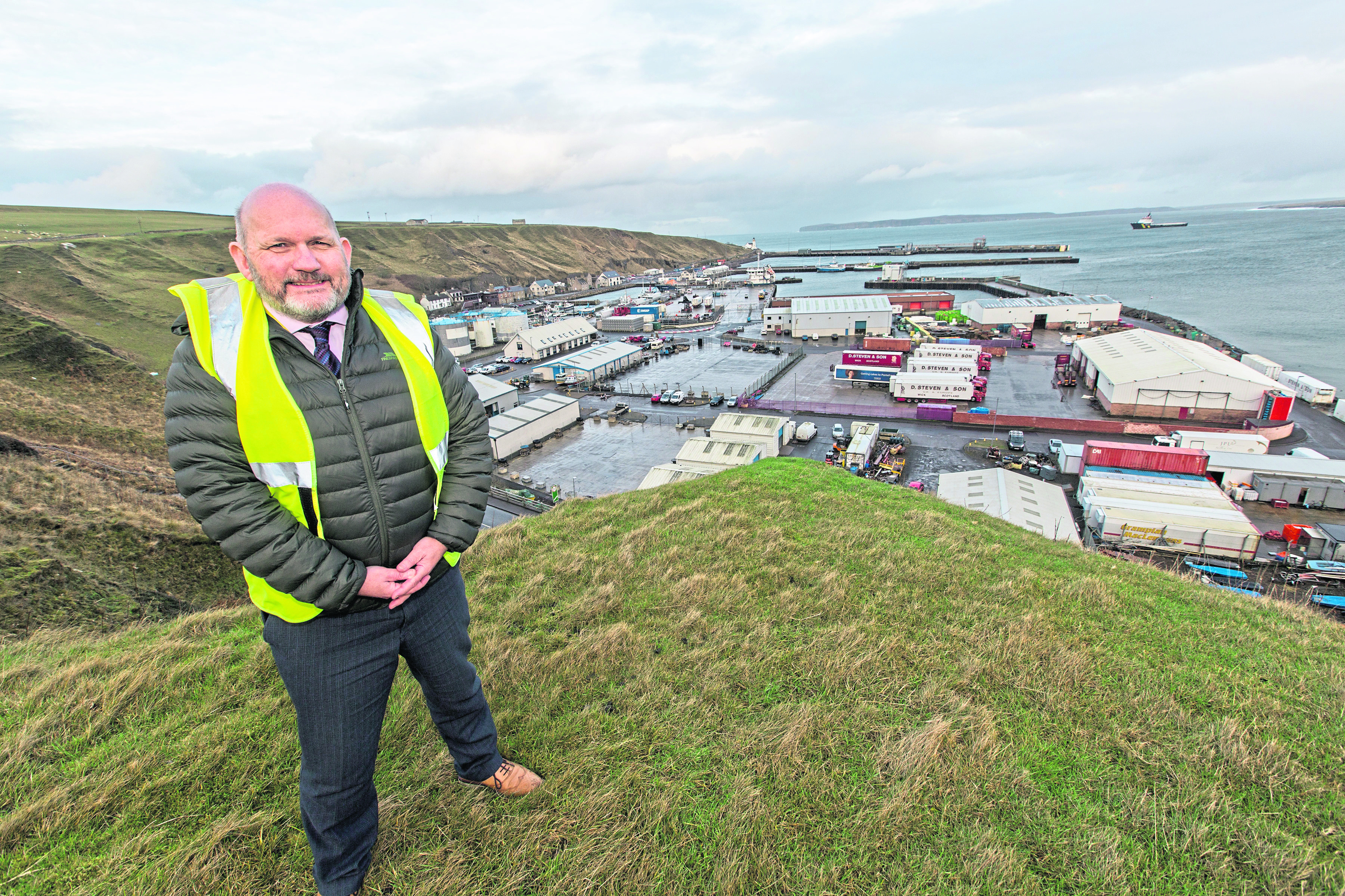 Scrabster
Scrabster Harbour manager Sandy Mackie on a hillside overlooking the port.  Photo: Robert MacDonald/Northern Studios. 14 January 2019