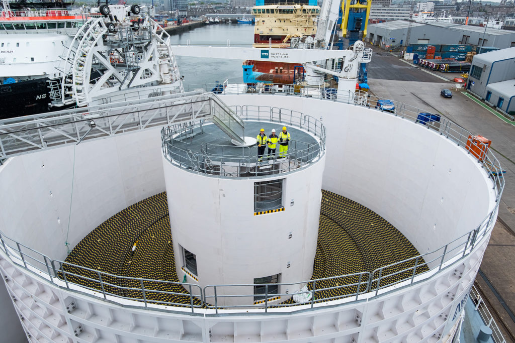 SSEN - NKT Victoria - Cable Laying Vessel - Aberdeen. The newly launched NKT purpose-built vessel has docked in Aberdeen Harbour in preparation for its maiden project to install two subsea power cables connecting Caithness to Moray. Picture Shows; The Cable Carousel on NKT Victoria, Aberdeen, Friday 19, May 2017.

©Stuart Nicol Photography, 2017