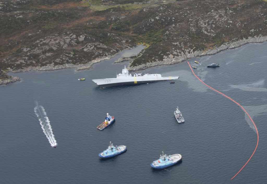 The Helge Ingstad sank after its collision in November with the Sola TS tanker. Pic: Norwegian Coastal Administration