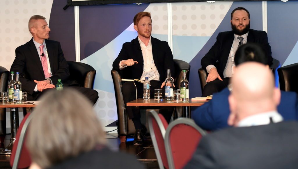 PJ;
Renewable UK panel session at Subsea Expo 2019 at the AECC.
Pictured from left, David Hinshelwood, SSE,  Rhodri James, Equinor and Richard Copeland.
05/02/19
Picture by HEATHER FOWLIE