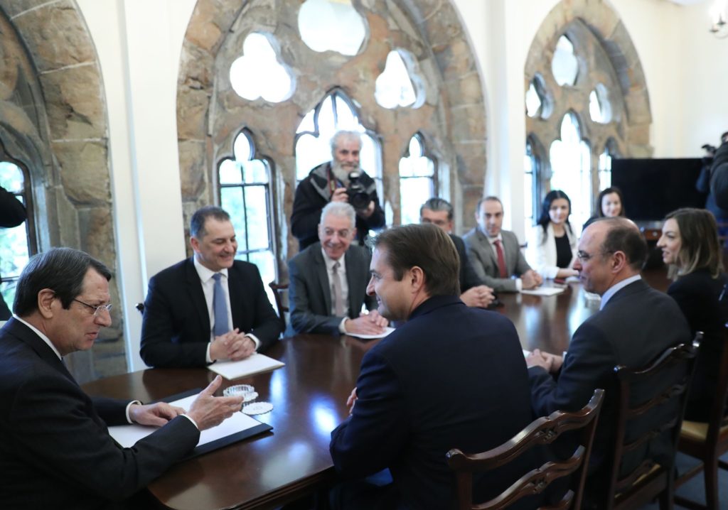 Cypriot president, Nicos Anastasiades, (far left) speaking to ExxonMobil's vice-president Tristan Aspray at the country's Presidential Palace