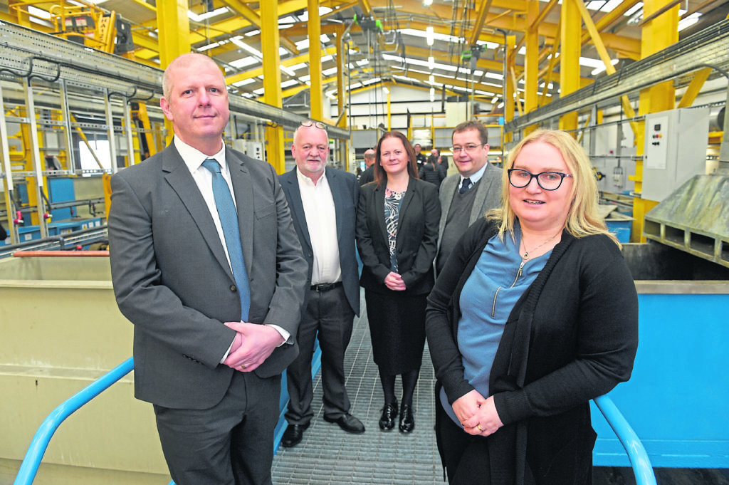 Pictured are from left, Chris Byles (Group Finance Director), Stewart Henderson (Extrernal Sales Manager), Sharon Davison (Financial Controller), Anthony Natty (Spiro-Gills Thermal Products Ltd Aftersales Manager) and Lisa Baird (Works Manager) at Highland Electroplaters,Unit 2, Phase 4 Kirkhill industrial estate, Howe Moss Drive, Dyce, Aberdeen.

Highland Electroplaters reopening after £750,000 investment following a fire last year.

Picture by DARRELL BENNS    
Pictured on 07/03/2019
CR0006725