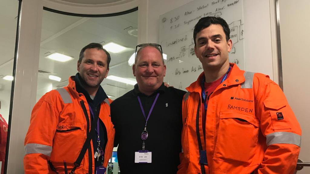 Graeme Law, centre, with two of his colleagues from the Mariner offshore oil platform