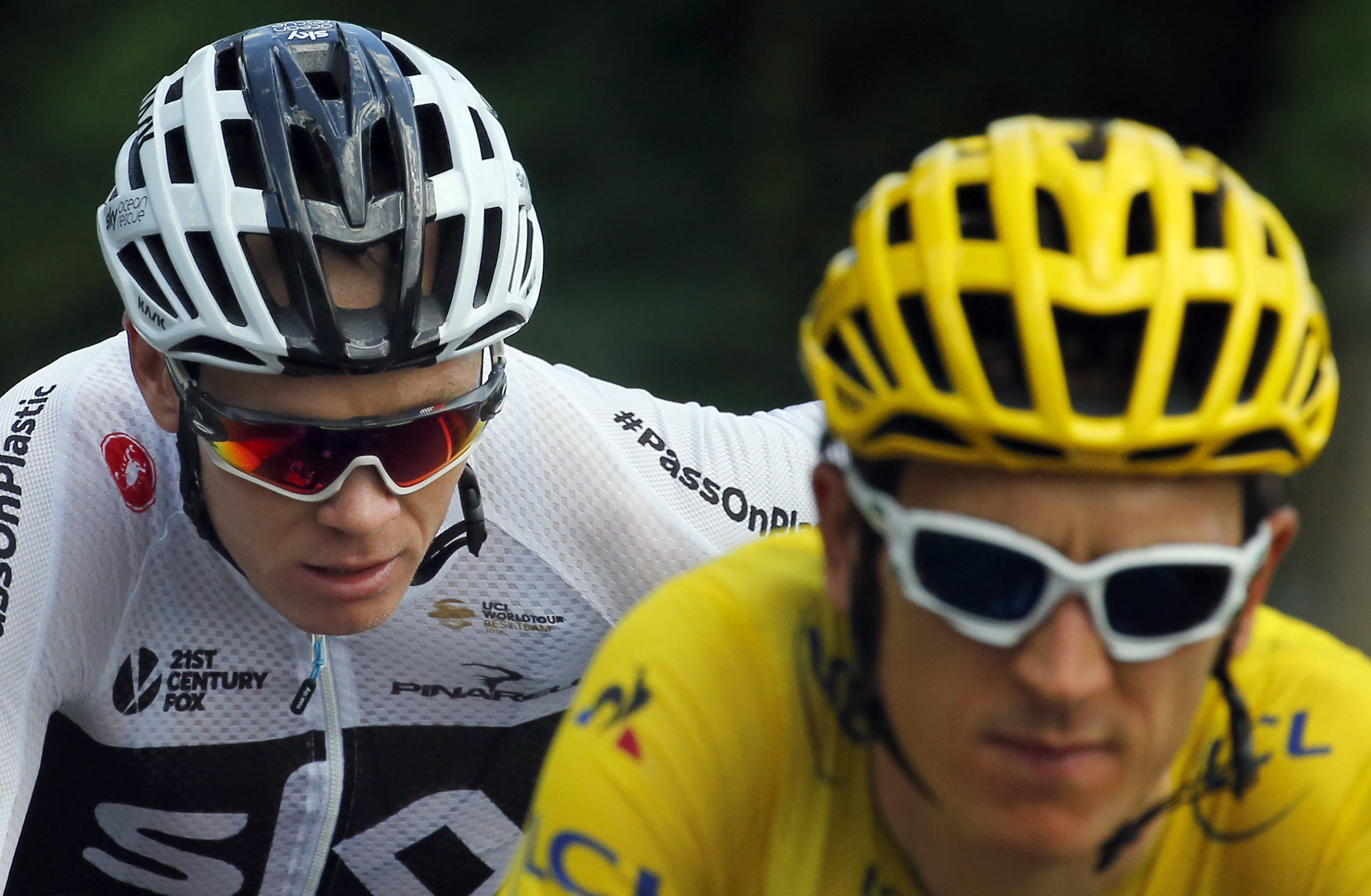 Britain's Geraint Thomas, wearing the overall leader's yellow jersey, and Britain's Chris Froome, ride during the fourteenth stage of the Tour de France cycling race over 188 kilometers (116.8 miles) with start in Saint-Paul Trois-Chateaux and Mende, France, Saturday, July 21, 2018. (AP Photo/Peter Dejong)