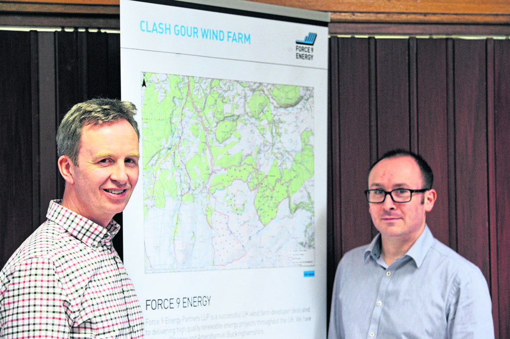 Clash Gour Windfarm Project exhibition at Elgin Community Centre. L-R: Nick Mackay, head of legal and commercial, and Andrew Smith, head of planning and development, Force 9 Energy.

Picture by Gordon Lennox 20/03/2017
