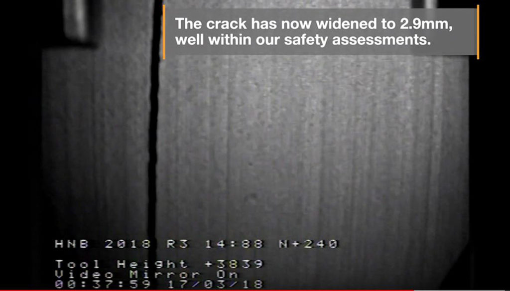 Undated handout still taken from video issued by EDF Energy of cracks in Hunterston B nuclear plant in Scotland. PRESS ASSOCIATION Photo. Issue date: Friday March 8, 2019. The unit in North Ayrshire has not been operating since the cracks were found to be growing faster than expected. See PA story ENVIRONMENT Hunterston. Photo credit should read: EDF Energy/PA Wire

NOTE TO EDITORS: This handout photo may only be used in for editorial reporting purposes for the contemporaneous illustration of events, things or the people in the image or facts mentioned in the caption. Reuse of the picture may require further permission from the copyright holder.